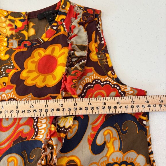 J Crew Paisley Silk Blouse 4 Brown Orange Ruffle Sleeveless Back Button Office - Picture 8 of 9